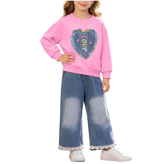 BLVB Toddler Baby Girl Clothes Fall Winter Baby Girl Outfit Heart Print Crewneck Sweatshirt Wide Leg Jeans Denim Pants Set(Hot Pink,1-2 Years)