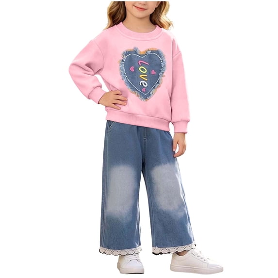 BLVB Toddler Baby Girl Clothes Fall Winter Baby Girl Outfit Heart Print Crewneck Sweatshirt Wide Leg Jeans Denim Pants Set(Pink,1-2 Years)