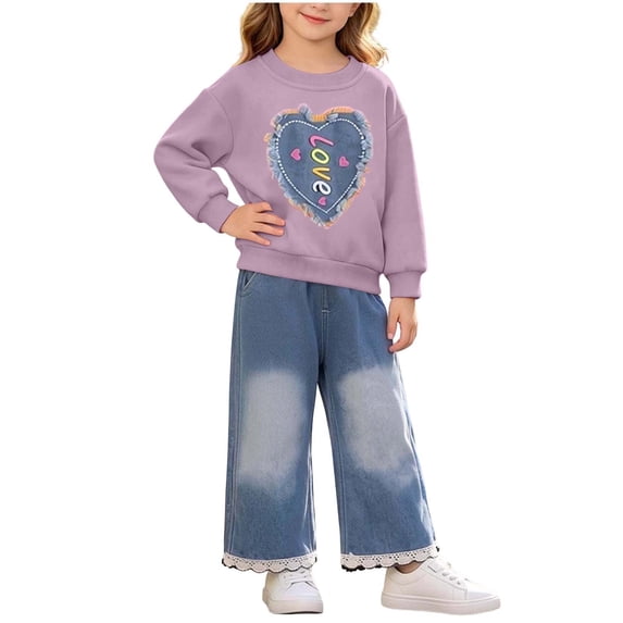BLVB Toddler Baby Girl Clothes Fall Winter Baby Girl Outfit Heart Print Crewneck Sweatshirt Wide Leg Jeans Denim Pants Set(Purple,0-1 Years)
