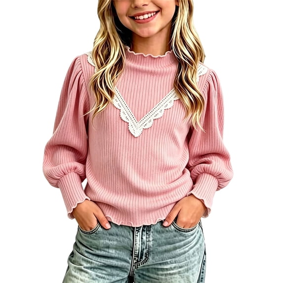 BLVB Toddler Baby Girl Mock Neck Shirt Lettuce Trim Puff Long Sleeve Ribbed Knit Tops Soft Cotton Clothes for Kids(Pink,1-2Years)