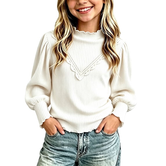 BLVB Toddler Baby Girl Mock Neck Shirt Lettuce Trim Puff Long Sleeve Ribbed Knit Tops Soft Cotton Clothes for Kids(White,1-2Years)