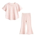 thumbnail image 1 of BLVB Toddler Baby Girl Outfits Short Sleeve Striped Tops with Flare Pants Set Kids 2PCS Summer Clothes Loungewear(Pink,12-18 Months), 1 of 3