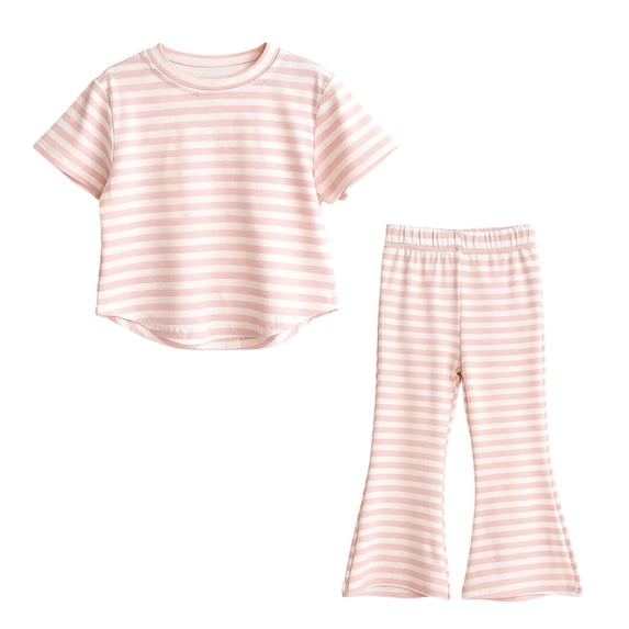 BLVB Toddler Baby Girl Outfits Short Sleeve Striped Tops with Flare Pants Set Kids 2PCS Summer Clothes Loungewear(Pink,12-18 Months)