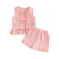 thumbnail image 1 of BLVB Toddler Baby Girl Summer Clothes Cotton Sleeveless Bowknot Ruffle Shirt Tops and Shorts Set Outfits 6Months-4T, 1 of 5