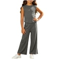 thumbnail image 1 of BLVB Toddler Baby Girl Summer Clothes Ribbed Knit Cute Outfits Sleeveless Tank Tops Wide Leg Pant 2 Pieces Lounge Set(Dark Gray,7-10 Years), 1 of 7