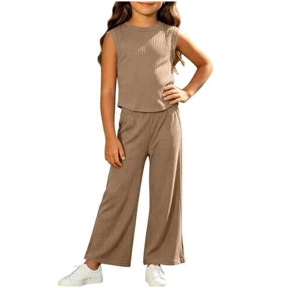 BLVB Toddler Baby Girl Summer Clothes Ribbed Knit Cute Outfits Sleeveless Tank Tops Wide Leg Pant 2 Pieces Lounge Set(Khaki,1-2 Years)