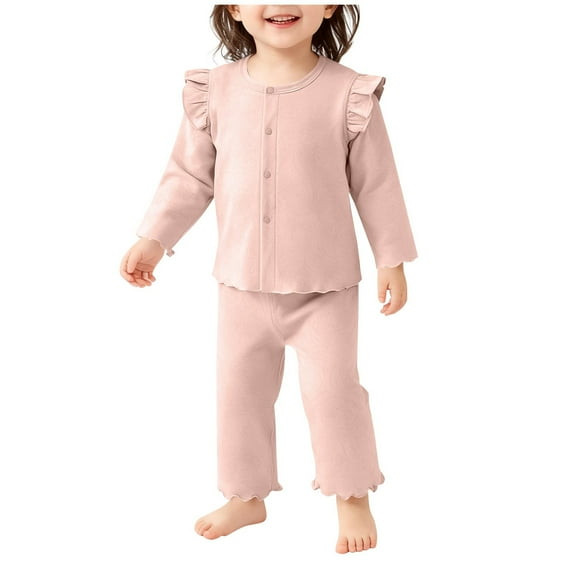 BLVB Toddler Baby Girl Two Piece Outfits Long Sleeve Ruffle Button down Top Pants 2PCS Pjs Set Sleepwear Clothes