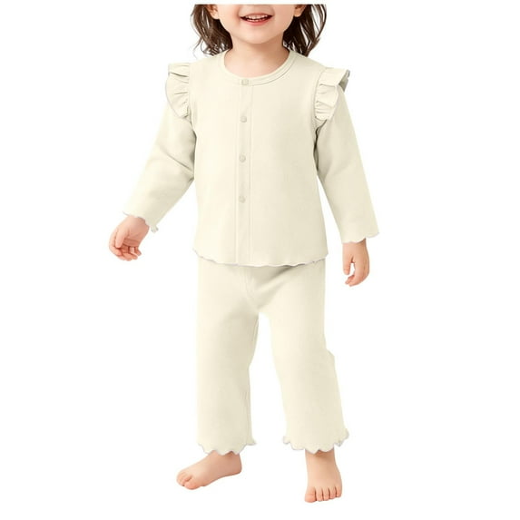 BLVB Toddler Baby Girl Two Piece Outfits Long Sleeve Ruffle Button down Top Pants 2PCS Pjs Set Sleepwear Clothes
