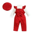 thumbnail image 1 of BLVB Toddler Baby Girl Valentines Clothes Mock Neck Ribbed Tops Bowknot Overalls Suspender Pants with Hats Set, 1 of 7