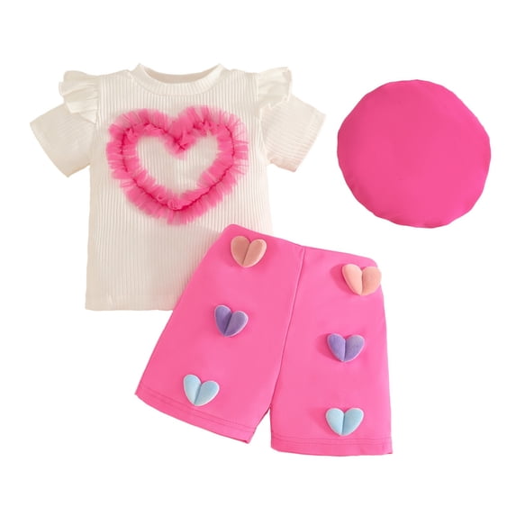 BLVB Toddler Baby Girl Valentines Day Outfit Heart Ruffles Short Sleeve Ribbed Tee Shirt and Shorts Hat Sets Newborn Gift