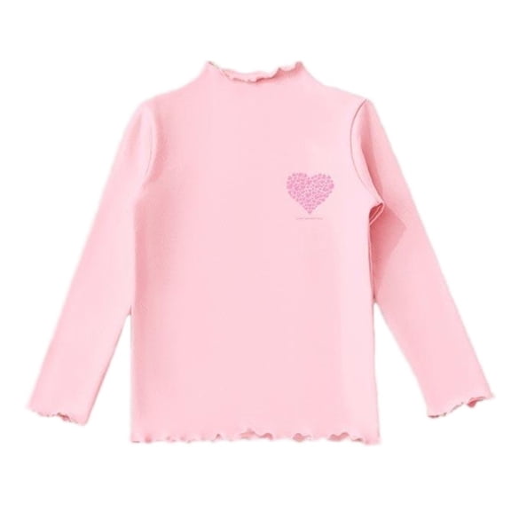 BLVB Toddler Baby Girls Lettuce Trim Mock Neck Long Sleeve Shirts Kids Heart Print Slim Fit Base Layer Tops Tees