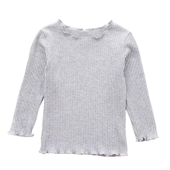 BLVB Toddler Baby Girls Long Sleeve Ribbed Shirts Stretchy Lettuce Trim Blouses Crew Neck Basic Base Layer Tees Undershirts(Gray,16-18 Months)
