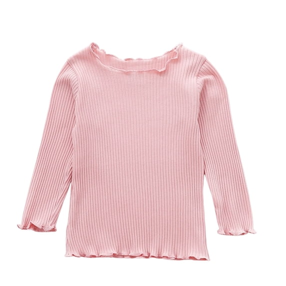 BLVB Toddler Baby Girls Long Sleeve Ribbed Shirts Stretchy Lettuce Trim Blouses Crew Neck Basic Base Layer Tees Undershirts(Pink,2-3 Years)