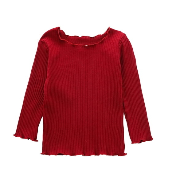 BLVB Toddler Baby Girls Long Sleeve Ribbed Shirts Stretchy Lettuce Trim Blouses Crew Neck Basic Base Layer Tees Undershirts(Red,14-16 Months)