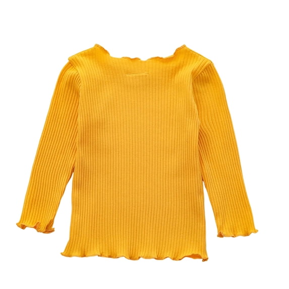 BLVB Toddler Baby Girls Long Sleeve Ribbed Shirts Stretchy Lettuce Trim Blouses Crew Neck Basic Base Layer Tees Undershirts(Yellow,16-18 Months)
