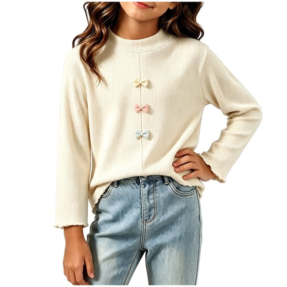 BLVB Toddler Baby Girls Long Sleeve Tops Ribbed Knit Crewneck Lettuce Trim Blouses Cute Bow Basic Shirts Pullover(Beige,0-1 Years)