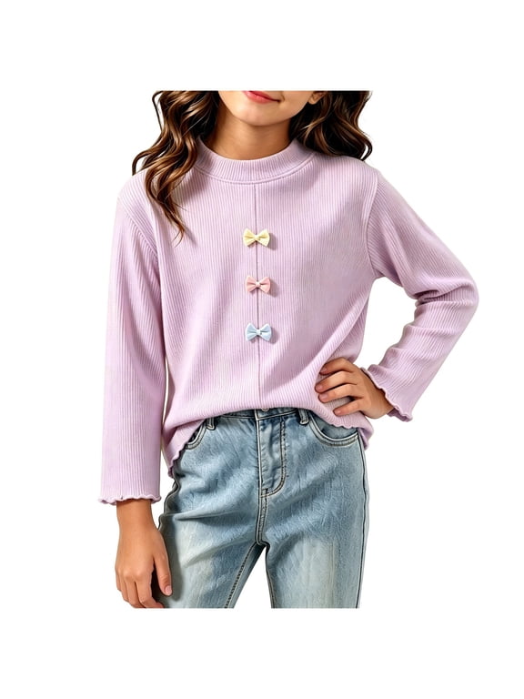 Toddler Baby Girls Long Sleeve Tops Ribbed Knit Crewneck Lettuce Trim Blouses Cute Bow Basic Shirts Pullover(Purple,1-2 Years)