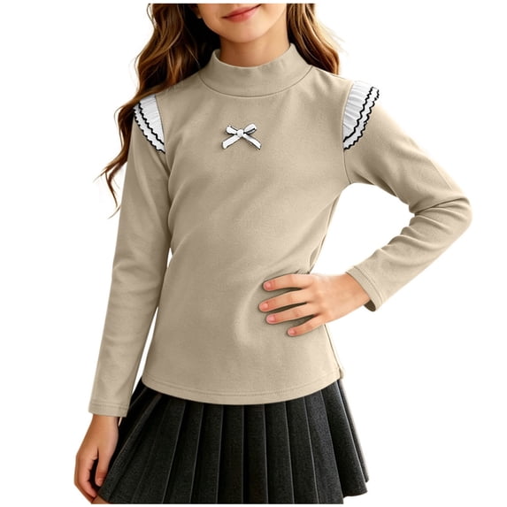 BLVB Toddler Baby Girls Mock Neck Shirts Long Sleeve Thermal T-Shirt Kids Soft Base Layer Ruffle Pullover Tops(Beige,5-6 Years)