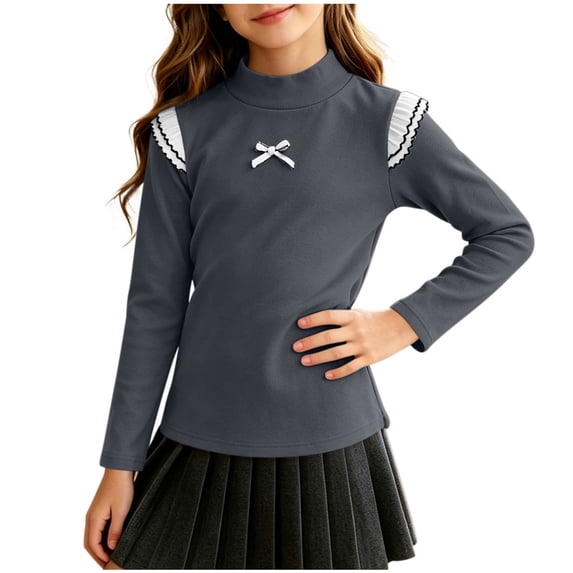 BLVB Toddler Baby Girls Mock Neck Shirts Long Sleeve Thermal T-Shirt Kids Soft Base Layer Ruffle Pullover Tops(Gray,3-4 Years)