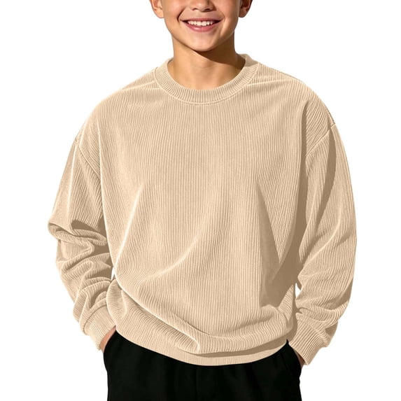 BLVB Toddler Boys Girls Solid Corduroy Pullovers Sweatshirt Long Sleeve Kids Crewneck Drop Shoulder Tops 1-14 Years(Khaki,3-4 Years)