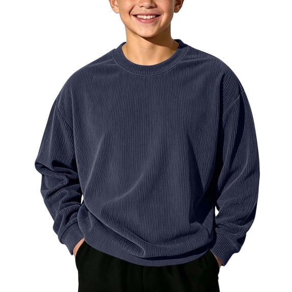 BLVB Toddler Boys Girls Solid Corduroy Pullovers Sweatshirt Long Sleeve Kids Crewneck Drop Shoulder Tops 1-14 Years(Navy,7-8 Years)