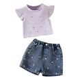 thumbnail image 1 of BLVB Toddler Girl Clothes Summer 2 Piece Outfit Ruffle Short Sleeve Ribbed Shirt Blue Embroidery Jean Shorts Set Kids Clothes, 1 of 5