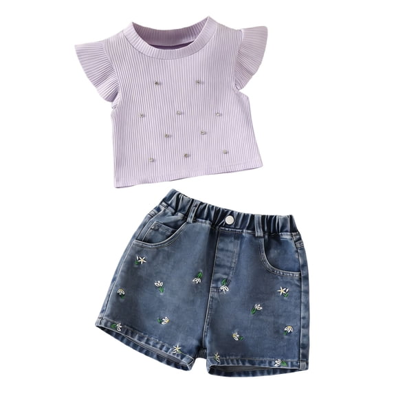 BLVB Toddler Girl Clothes Summer 2 Piece Outfit Ruffle Short Sleeve Ribbed Shirt Blue Embroidery Jean Shorts Set Kids Clothes