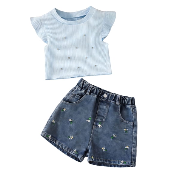 BLVB Toddler Girl Clothes Summer 2 Piece Outfit Ruffle Short Sleeve Ribbed Shirt Blue Embroidery Jean Shorts Set Kids Clothes