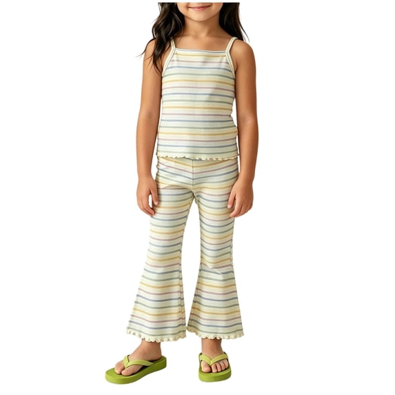 BLVB Toddler Girl Clothes Summer Outfit Sleeveless Ribbed Knit Cami Shirts Camisole Tops Flare Pants Striped 2PCS Set 2-8T(Beige,3-4 Years)