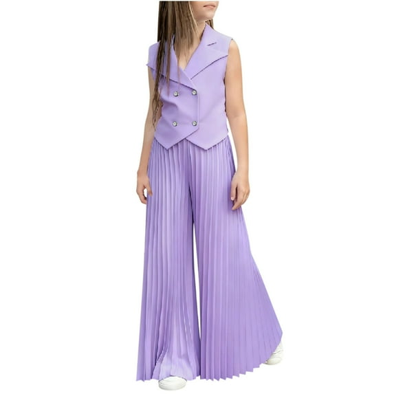 BLVB Toddler Girl's 2 Piece Outfit Elegant V Neck Button down Suit Vest with Pleated Wide Leg Pants Set Kids Clothing Sets