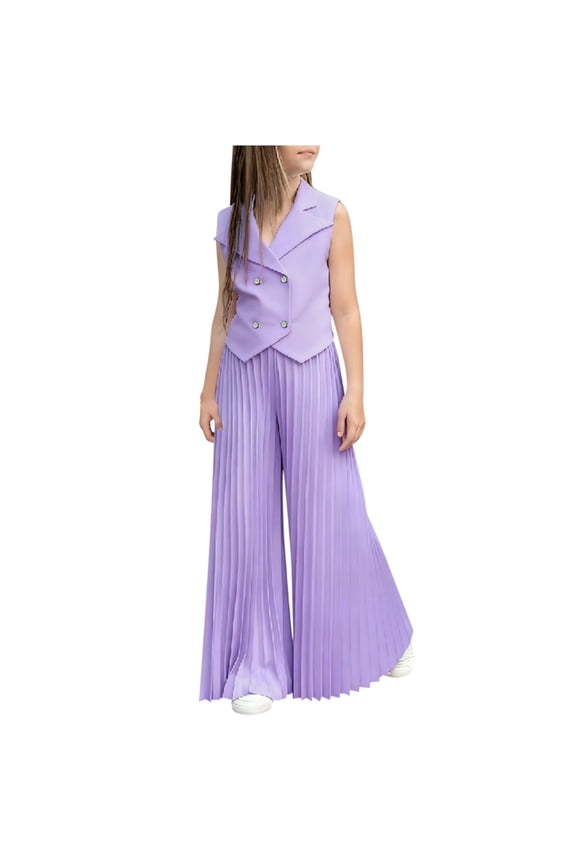 Toddler Girl's 2 Piece Outfit Elegant V Neck Button down Suit Vest with Pleated Wide Leg Pants Set Kids Clothing Sets