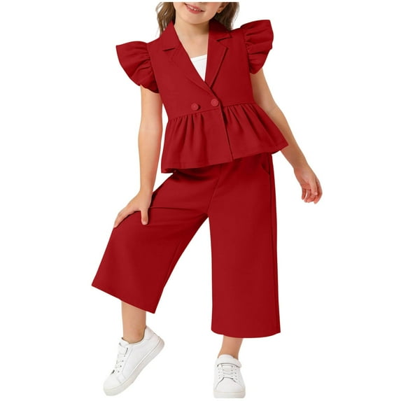 BLVB Toddler Girls Clothes Kids 2 Piece Outfit Ruffle Sleeve Blazer Vest with Wide Leg Pants Spring Summer Outfits 2-8Y