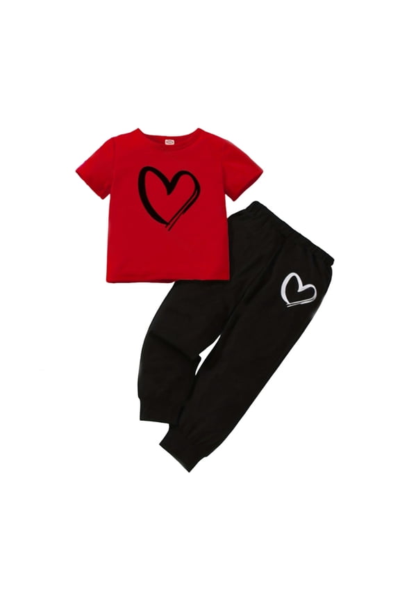 Toddler Girls Clothing Sets Valentine Fashion Spring Summer Clothes Kids Heart Print Short Sleeve Top and Jogger Pants Sets