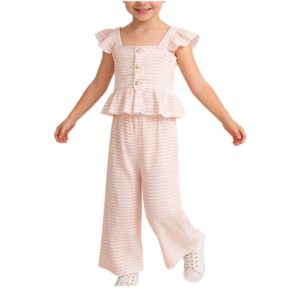 BLVB Toddler Girls Summer Outfits 2 Piece Set Ruffle Trim Button Cami Tops with Wide Leg Pants Kids Clothing Sets