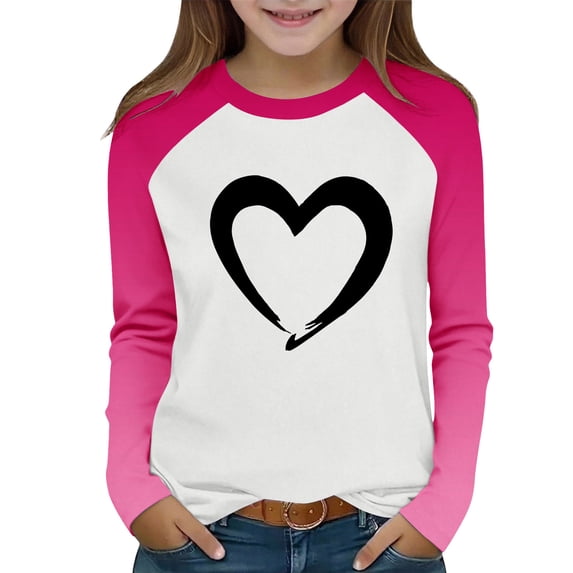 BLVB Toddler Little Girl Valentine Shirt Heart Graphic Tee Tops Kids Raglan Long Sleeve T-Shirt 2-15 Years(Pink AA10,14-15 Years)