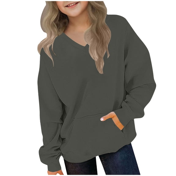 BLVB Toddler Sweatshirt Boys Girls Pullover Casual Kids Long Sleeve Solid Color V Neck Fall Winter Tee Tops Blouse with Pocket