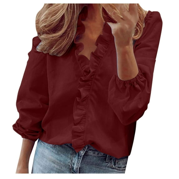 BLVB Tops for Women Casual Summer Ruffle V-Neck Long Puff Sleeve Plus Size T-Shirt Tops Loose Comfy Tunic Blouses