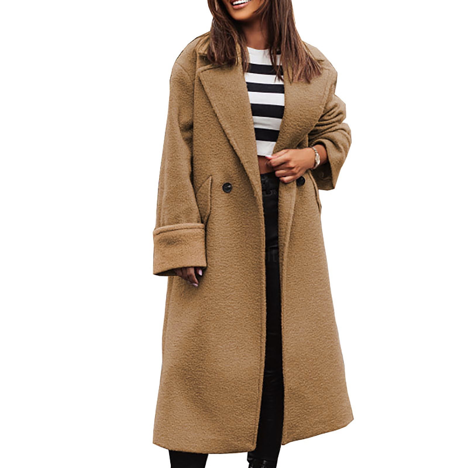 BLVB Trench Coat for Women Elegant Notched Double Breasted Wool