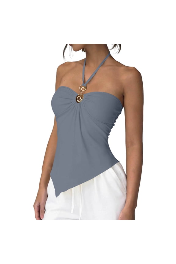 Tube Tops for Women Strapless Halter Ruched Tops Asymmetrical Casual Bandeau Cami Shirts Going out Tank Clubwear