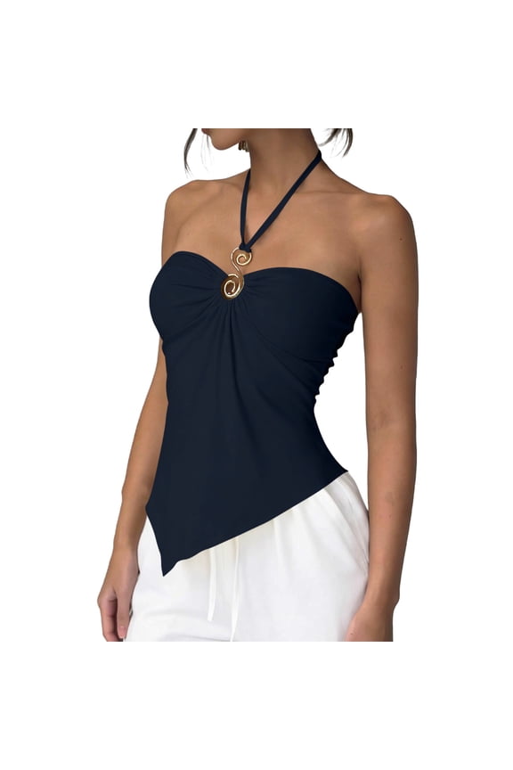 Tube Tops for Women Strapless Halter Ruched Tops Asymmetrical Casual Bandeau Cami Shirts Going out Tank Clubwear