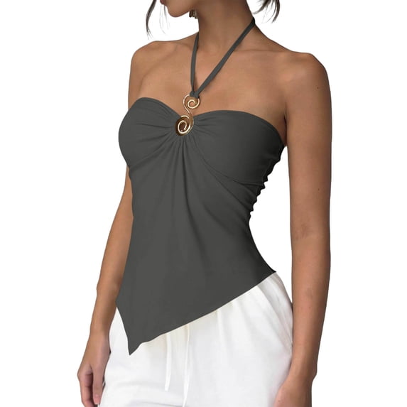 BLVB Tube Tops for Women Strapless Halter Ruched Tops Asymmetrical Casual Bandeau Cami Shirts Going out Tank Clubwear