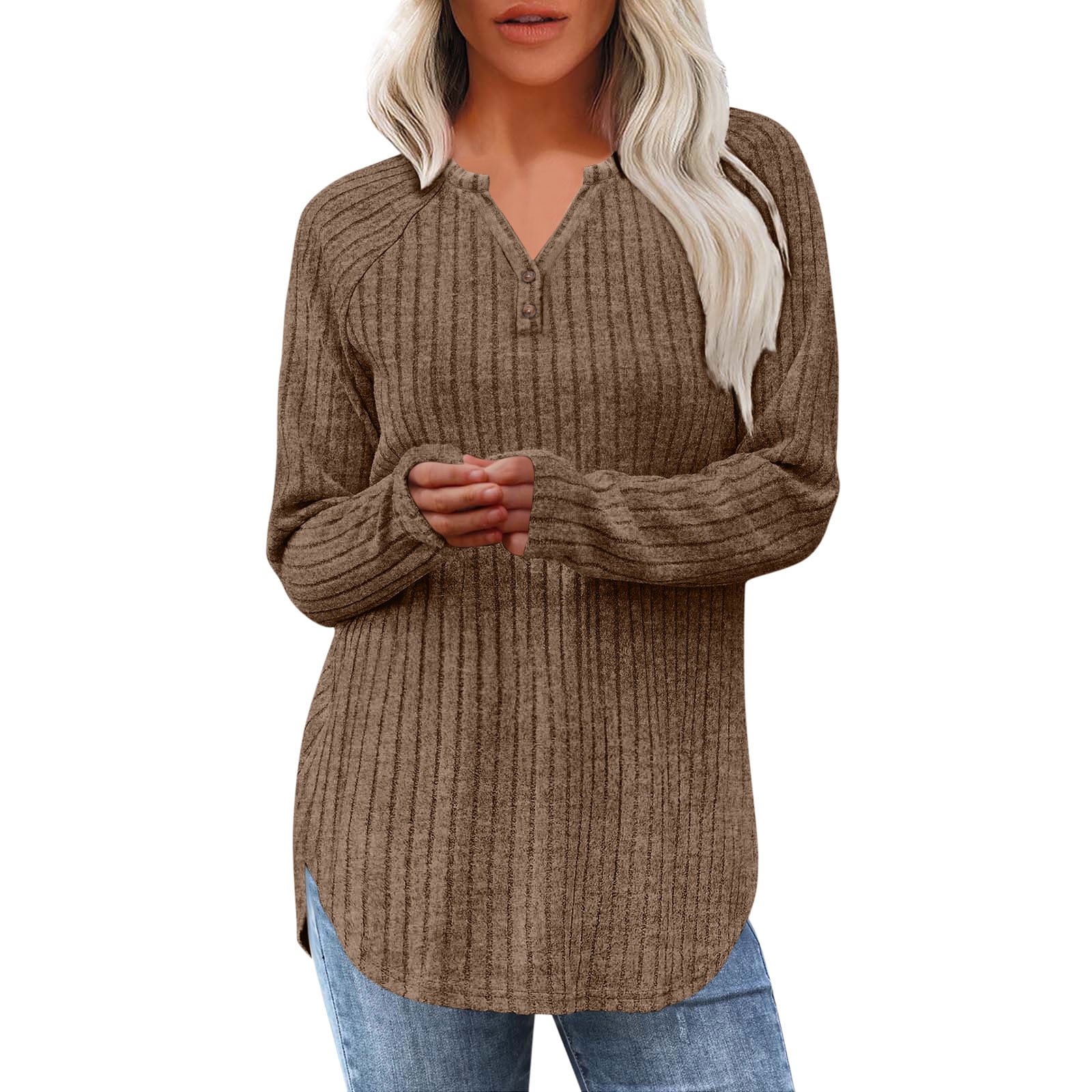 BLVB Tunic Tops for Women Loose Fit Dressy Ribbed Knit Long Sleeve ...