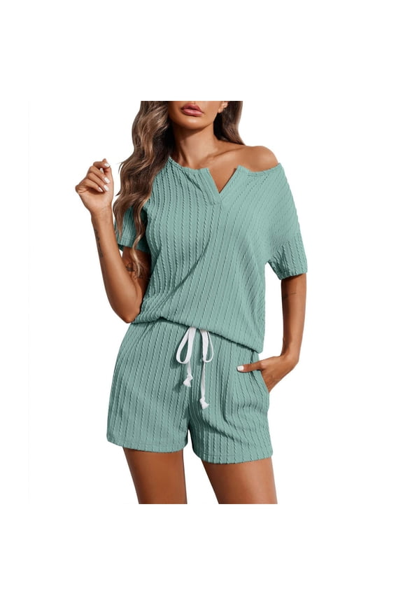 Two Piece Outfits for Women Lounge Sets Short Sleeve V Neck Top and Drawstring Shorts Set Sweatsuits with Pockets