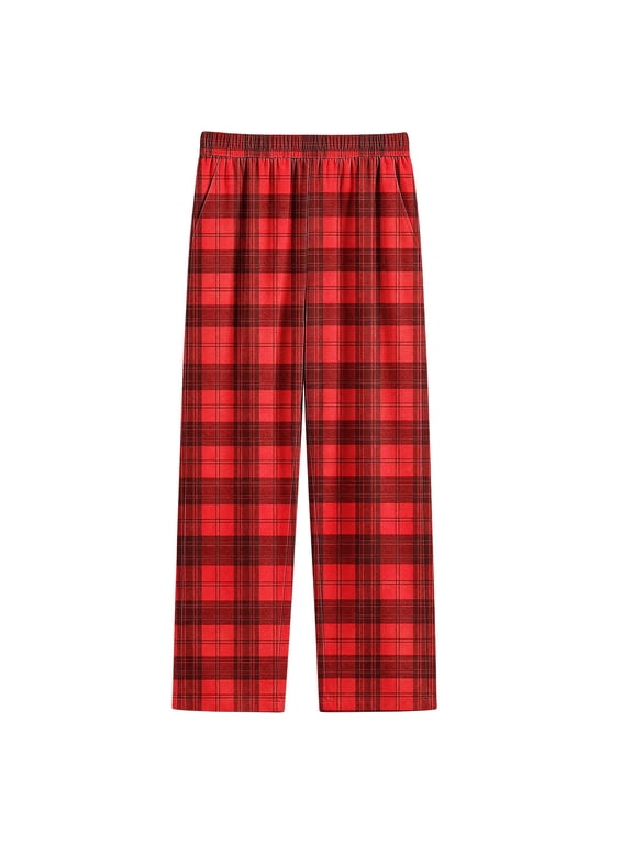 Unisex Kids Plaid Pajama Pants Lounge Sleep Bottoms for 4–16 Years Boys Girls Soft Loungewear with Pockets(Red-01,11-12 Years)