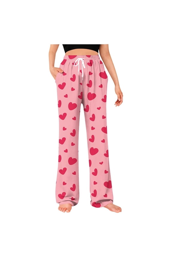 Unisex Mens Womens Cute Heart Print Pj Pants Valentine's Day Holiday Lounge Pajamas Bottoms Elastic Waist Sleep Pajama Pants