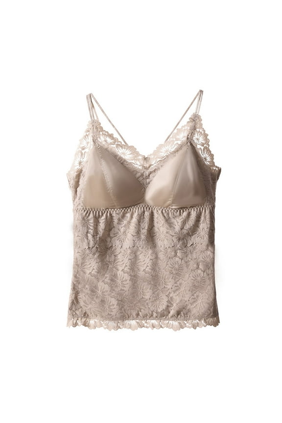V Neck Camisoles for Women Lace Cami Undershirt Spaghetti Strap Lace Tank Tops with Removable Chest Pad