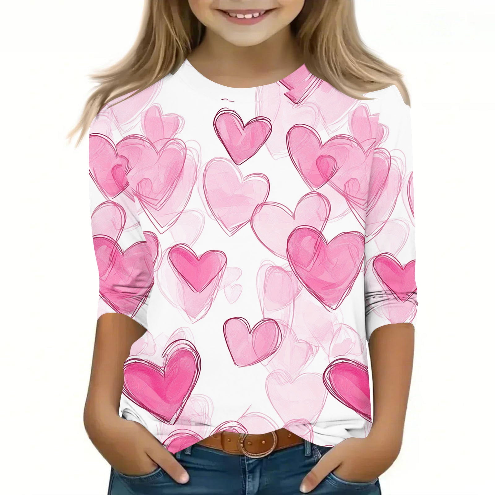 Valentine Outfit Shirts Girls 3/4 Sleeve Tees Heart Graphic Tops Crewneck T Shirts for Kids 3-12T
