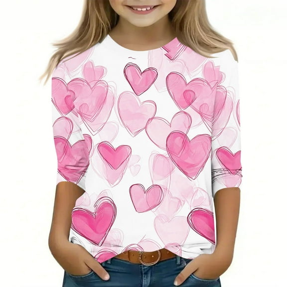 BLVB Valentine Outfit Shirts Girls 3/4 Sleeve Tees Heart Graphic Tops Crewneck T Shirts for Kids 3-12T