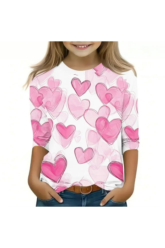 Valentine Outfit Shirts Girls 3/4 Sleeve Tees Heart Graphic Tops Crewneck T Shirts for Kids 3-12T