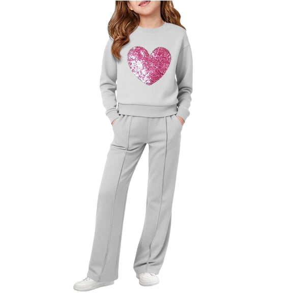 BLVB Valentine Outfit for Girls Heart Print Crewneck Long Sleeve Sweatshirt Pullover Top Wide Leg Sweatpant 2 Piece Clothing Set 7–15 Years